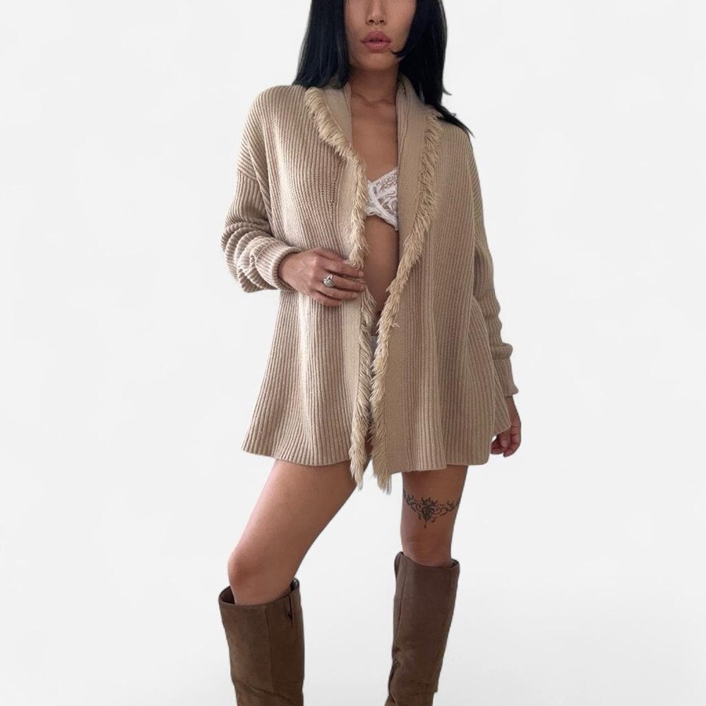 Tan Fringe Open Front Cardigan | Ribbed Knit Sweater